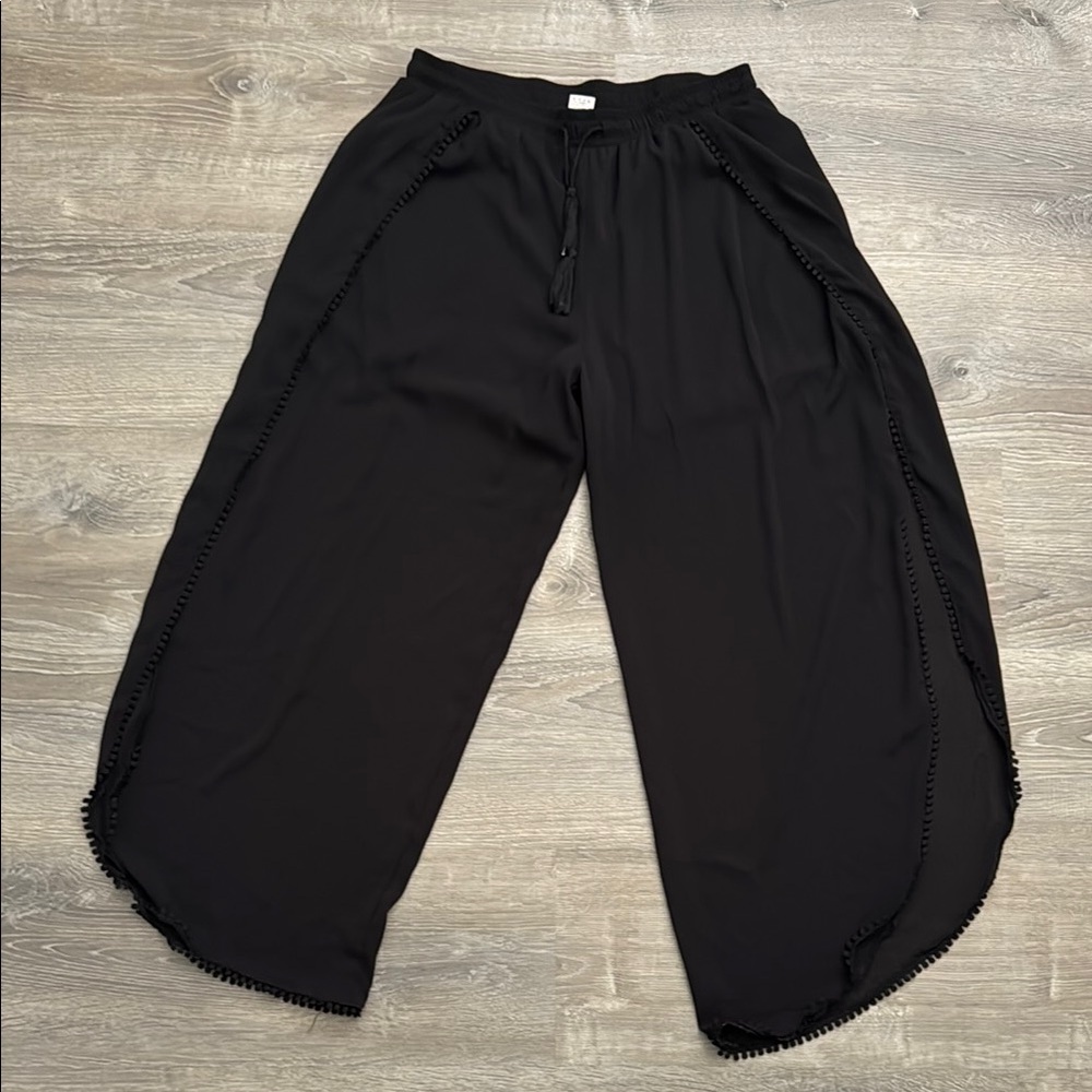 Black Wide-Leg Pants with Pom-Pom Trim